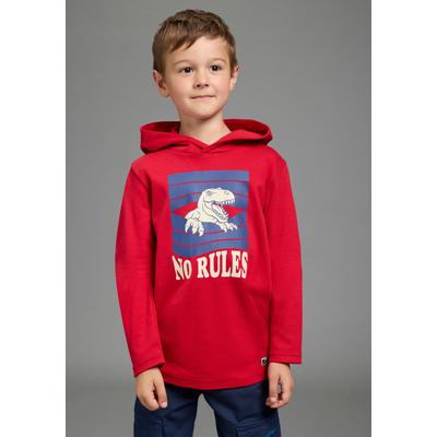 Kapuzenshirt SCOUT "Kapuzenshirt mit coolem Dino-Druck - NEU von SCOUT", Jungen, Gr. 140/146, rot, Interlock, Obermaterial: 100% Baumwolle, Basic, Rundhals, Shirts Kapuzenshirt, Shirt mit Spruch: NO RULES, langarm, modischer Stil