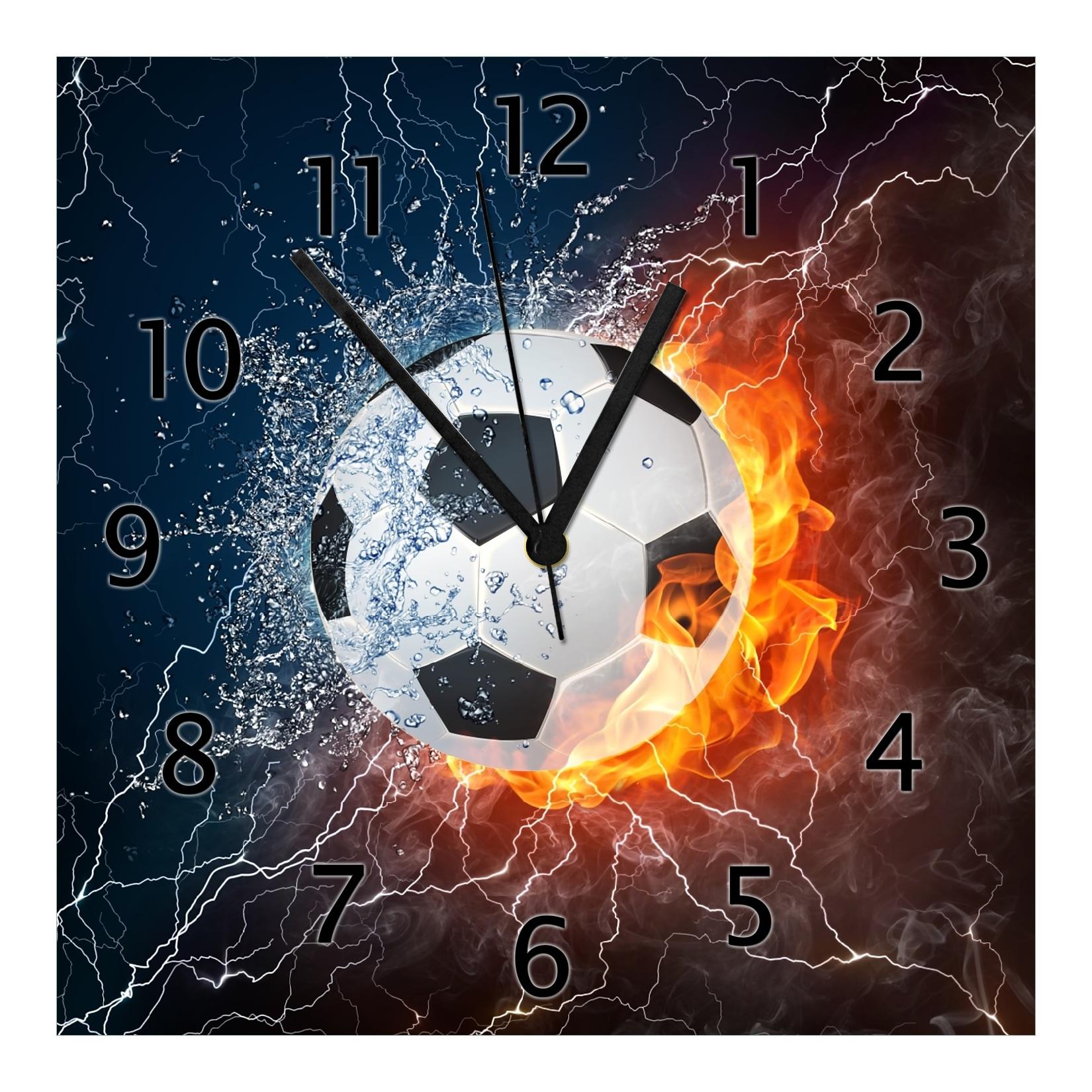 Wallario Uhr 30 x 30 cm, weiße Zeiger Fußball - Feuer und Wasser