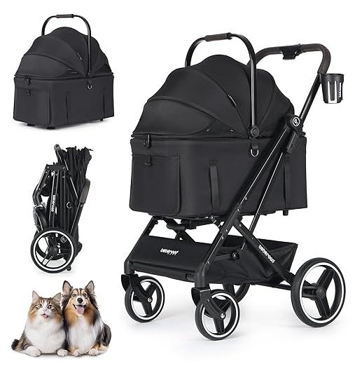 X3 Haustier Kinderwagen für kleine mittlere Hunde Katzen bis 25 kg, mit abnehmbarer und faltbarer Trage, wasserdichter Basis und Sonnendach, Schwarz