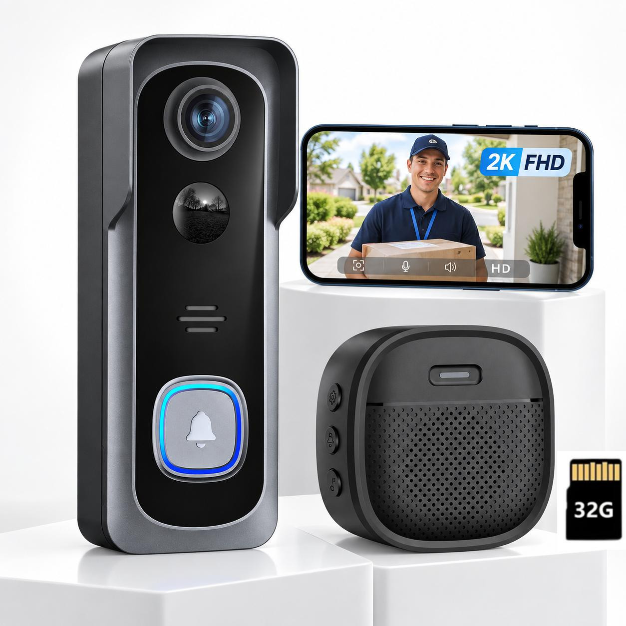 ieGeek WLAN-videodeurbel met 2K HD camera, draadloos, met deurbel, 32GB batterij en PIR-bewegingsdetectie