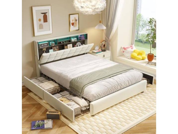 Bett 160x200 mit Coole LED und USB C,Polsterbett Samt mit 4 Schubladen,Multifunktional Stauraum-Kopfteil, Doppelbett mit Lattenrost 160x200cm aus Holz,Metallrahmen,für alle Altersklassen(Beige-500KG)