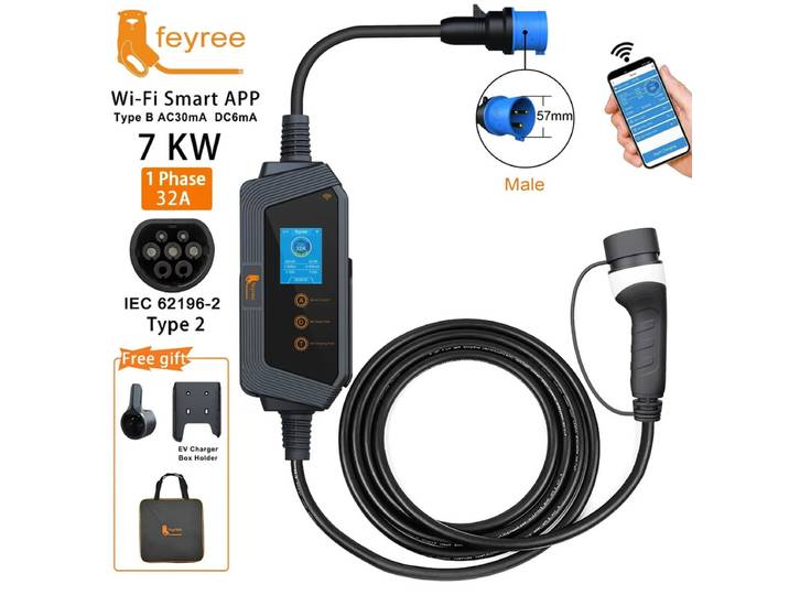 Feyree Chargeur pour véhicule électrique Type 2 32 A 7 kW, charge rapide, contrôle intelligent par application et Wi-Fi, boîtier de charge portable avec support pour chargeur de voiture électrique
