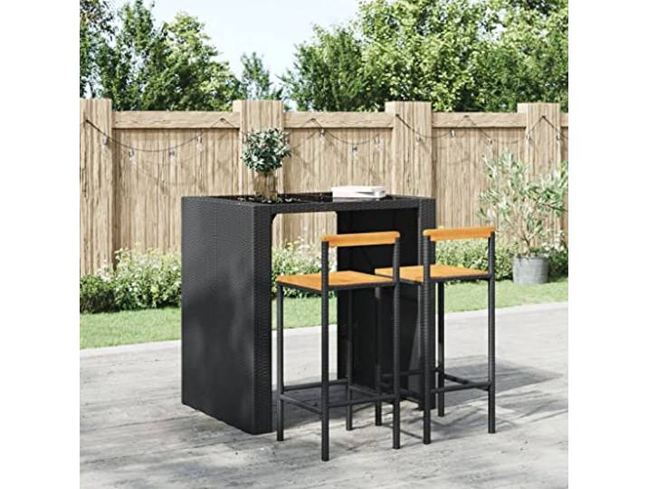 NLQMSU Barhocker, 2 Stück, Schwarz, geflochtenes Harz und Akazienholz Polyrattan imitiert Polyrattan, pulverbeschichteter Stahlrahmen, Akaziensitz, integrierte Fußstütze, Kapazität 110 kg, innen