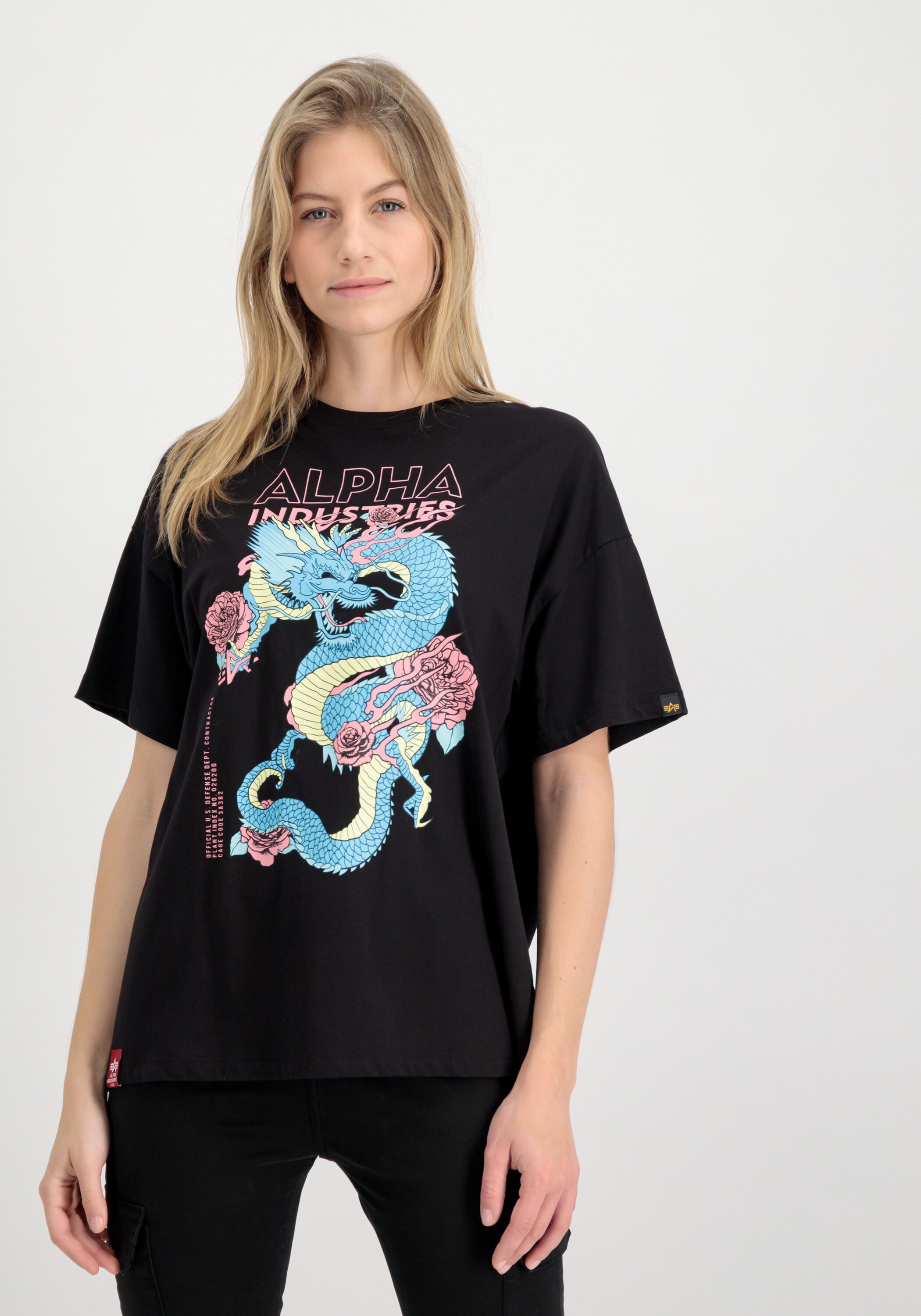 T-Shirt ALPHA INDUSTRIES "Heritage Dragon OS T Women", Damen, Gr. S, schwarz, Obermaterial: 100% Baumwolle, Shirts T-Shirt schwarz S