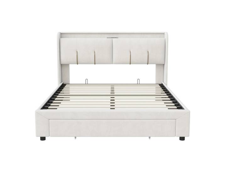 Shopentra Polsterbett 140x200 Beige Samt integrierte USB Anschlüsse, Ecru, Metall, 140x200 cm, Schlafzimmer, Betten, Polsterbetten