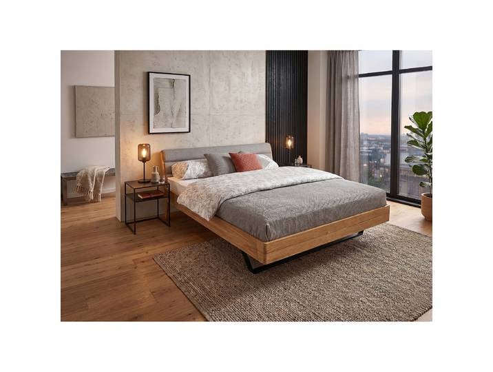 Massivholzbett Rowe mit Polsterkopfteil 180 x 200cm Flachgewebe Braun Eiche