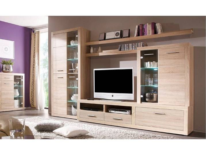 moebel-dich-auf Wohnwand CAN CAN, (in Eiche Sonoma, Vitrine + Lowboard + Aufsatzvitrine + 2x Wandboard), inkl. LED-Beleuchtung