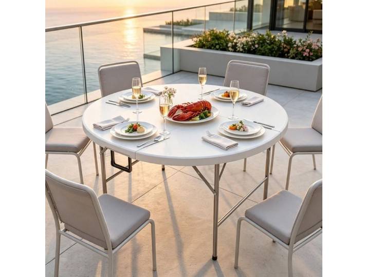 VUENOR Table de jardin ronde pliante 122 cm gris et blanc – HDPE structure métal 6 personnes