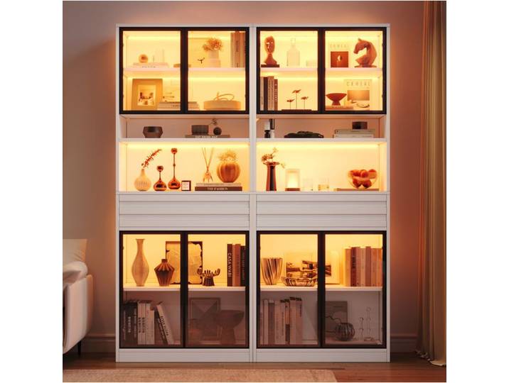 Modenuit Vitrine haute 160x35x200 cm en MDF blanc LED RGB pilotée par application portes vitrées tiroir