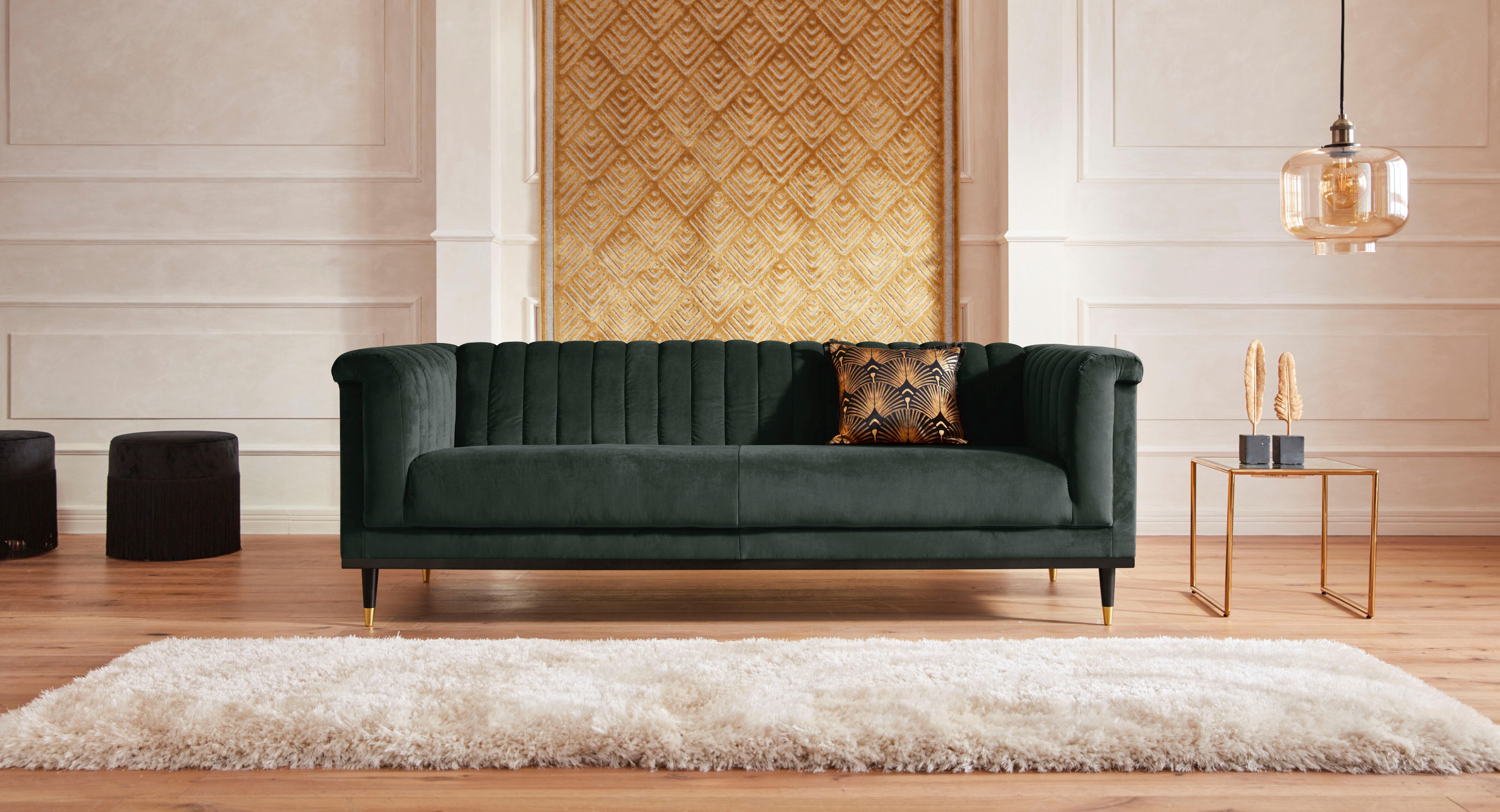 3-Sitzer HOME AFFAIRE "Chamby", grün (dunkelgrün), B:210cm H:71cm T:85cm, Luxus-Microfaser Lederoptik (100% Polyester), Scheuertouren: 40.000, Pilling: 4;Samtoptik (100% Polyester), Scheuertouren >100.000, Pilling: 5, Sofas, 3-Sitzer, mit Holzrahmen unten