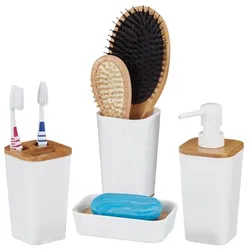 Relaxdays 4-teiliges Badaccessoires Set Weiß,Hellbraun