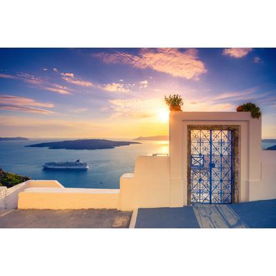 Fototapete PAPERMOON "TERRASSE-SANTORINI SEE MEER STRAND PALMEN DÜNEN SCHIFFE", bunt, B:2m L:1,49m, Vlies, Tapeten