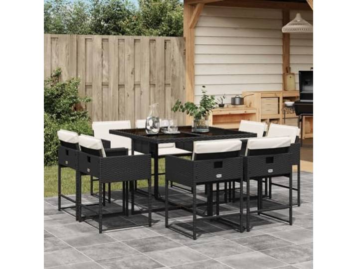 KTHLBRH 9-teiliges Gartenmöbel-Set mit schwarzen Kissen Polyrattan, Glastisch, Klappstühle, waschbar, 110 kg pro Sitzfläche
