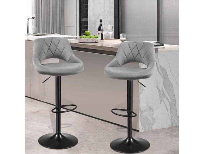GOL-Lot de deux tabourets de bar Gris clair ajourés - velours et chambray - Scandinave