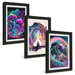 BILDER SET 3er Set - 20x30 cm Schwarzer Rahmen - Farbenfrohe Fantasy-Kunstillustrationen