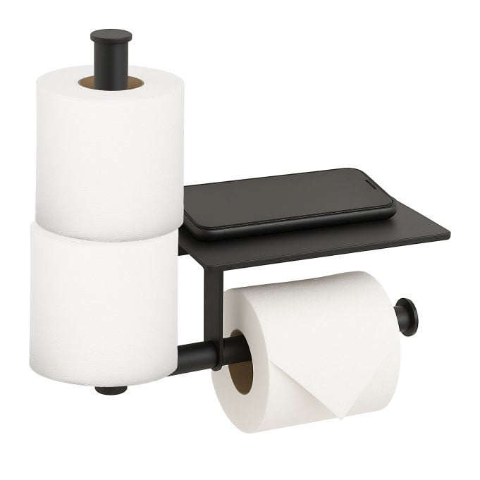 Relaxdays Toiletrolhouder met opbergvak en reserverollenhouder, zwart, metaal