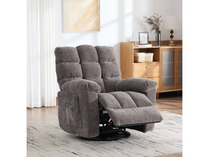 Fauteuil relax massant électrique pivotant 360° gris en chenille avec chauffage et repose-pieds réglable