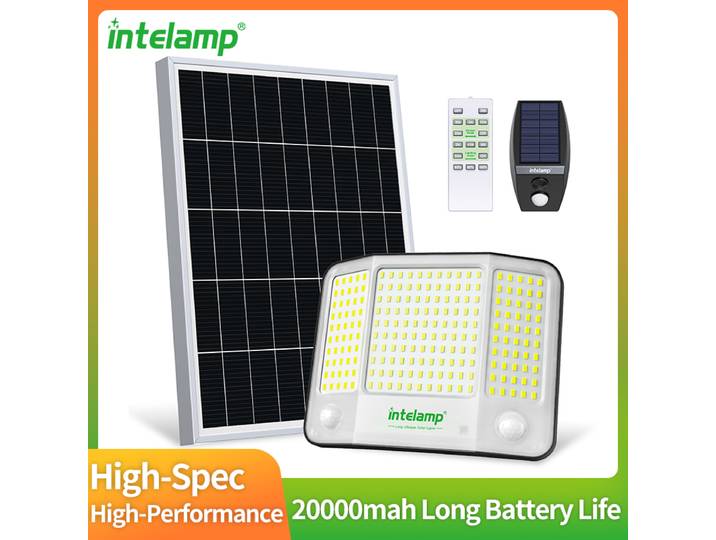 Projecteurs solaires Intelamp pour extérieur, éclairage de sécurité avec panneau solaire super grand 20000mAh 4000LM, connectables, double capteur de mouvement, câble de 16,4 pieds pour jardin, cour,
