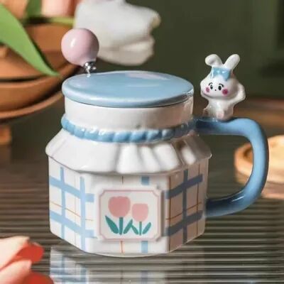 The Handy Homestead Rabbit Ceramic Coffee Mug With Spoon And Lid Cute Pottery Cup Set blue