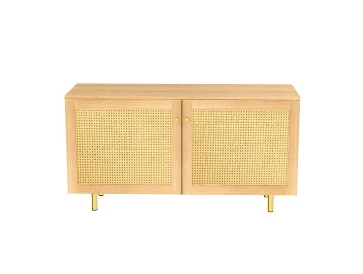 Buffet effet bois 2 portes en rotin clair 120x40x63cm