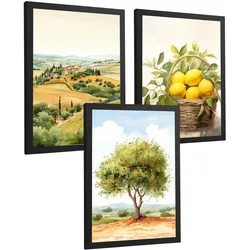 POSTER 3er Bilder-Set Wandbilder Landhaus Dorf Landschaft modern Wohnzimmer Deko, Schlafzimmer, Küche, Badezimmer Schwarzer Rahmen A4