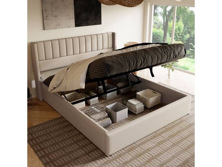 Lit coffre 160 x 200 Lit 160 x 200 avec Sommie Cadre de lit 2 Personne Lattenrost aus Holz Réservoir hydraulique Lin Beige