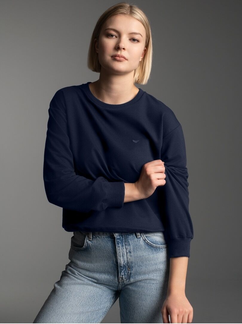 Sweatshirt TRIGEMA "TRIGEMA Dünnes Sweatshirt", Damen, Gr. S, blau (navy), Sweatware, 50% Baumwolle, 50% Polyester, Basic, Rundhals, Sweatshirts Sweatshirt