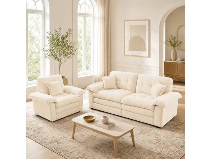 Ensemble canapé 2 pièces chenille beige 3 places avec canapé 1 place assise profonde coussins inclus TYNQER