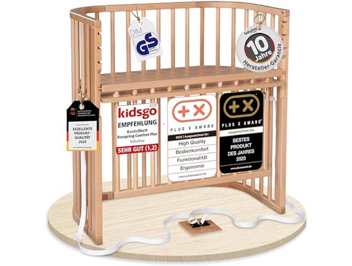 babybay Boxspring Comfort Plus Beistellbett, GS-geprüft, natur lackiert Für hohe Boxspringbetten, massive Buche, stufenlos höhenverstellbar, Absenkgitter, am Elternbett befestigt & mitwachsend