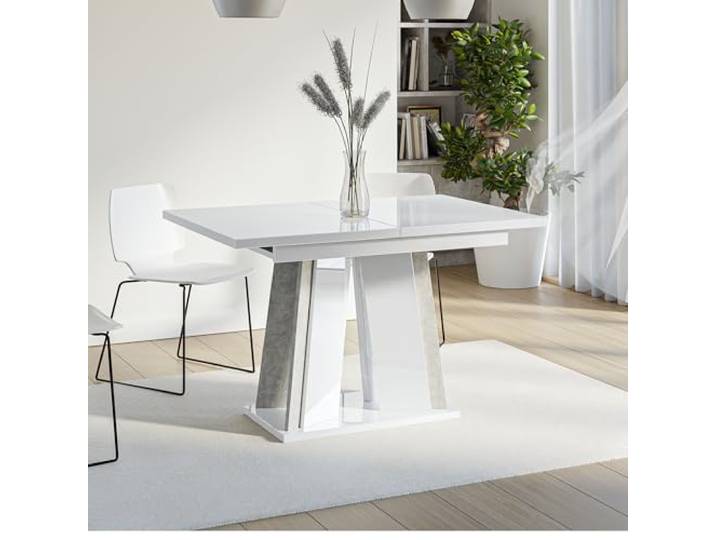 DORA Esstisch ausziehbar 120-160x80 cm Weiß Hochglanz Betonoptik Ausziehbarer Esszimmertisch für 4–6 Personen, von 120 auf 160 cm, Säulengestell, Weiß Hochglanz Betonoptik