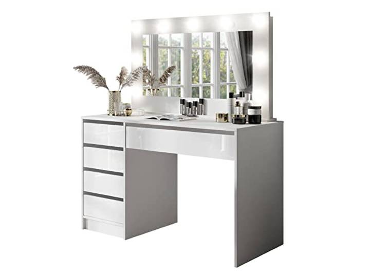 lukmebel MADA - Schminktisch mit Spiegel - Schminkspiegel mit Beleuchtung - Schubladen - Weiß Hochglanz (Make Up Tisch, Frisiertisch, Kosmetiktisch, Vanity Table)