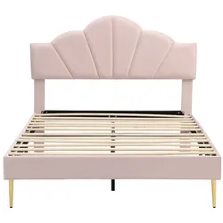 Merax Polsterbett, Samt Doppelbett mit höhenverstellbarem Muschel-Form-Kopfteil 140x190cm, rosa
