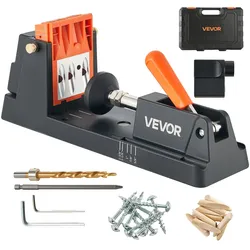 VEVOR Pocket Hole Jig, 12,7 bis 38,1mm, Schrägloch Positionierer, Taschenlochbohrlehren-Set mit Staubabsaugungsadapter, Abnehmbarem Führungsblock, Bohrer, Anschlagring, für Holzbearbeitung