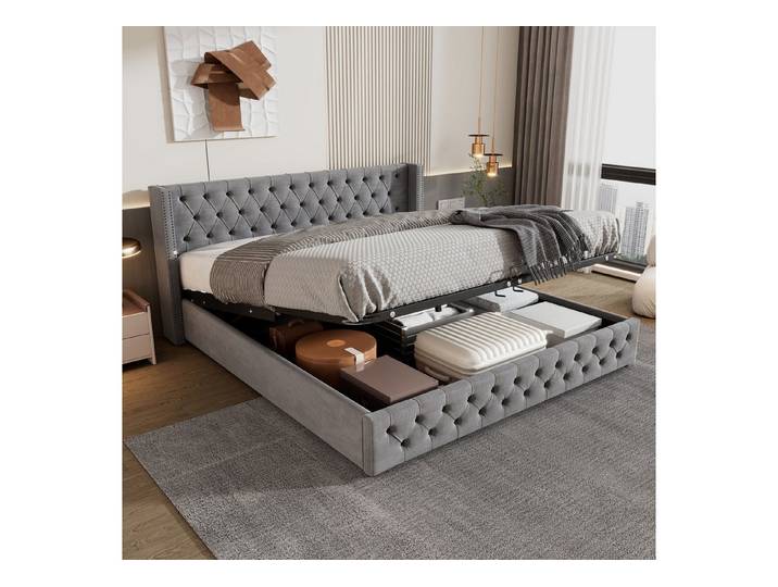 OKWISH Polsterbett Doppelbett Stauraumbett (Bettunterseite ist mit schmutzabweisenden schwarzen Vliesstoff, Grau, Bettunterseite ist mit schmutzabweisenden schwarzen Vliesstoff, Grau), 140x200cm Ohne-Matratze