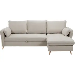Ecksofa, umwandelbar, wendbar, mit Bettkasten, 3-4-Sitzer, aus beigem Stoff und hellem Holz DRISS