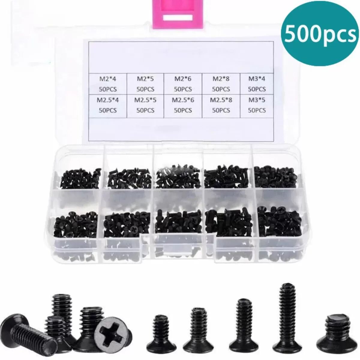 INF 500PCS Laptop-Reparatur-Schrauben - Schwarzer Kohlenstoffstahl Phillips Senkkopf Selbstschneidend Satz M2 M2.5 M3