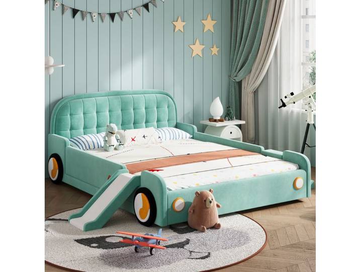 Lit enfant voiture 140x200 cm bleu-vert avec toboggan et échelle montables gauche/droite velours Grjofek