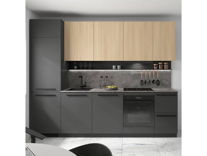 Kitchenette avec meuble haut 285cm Gris/Imitation chêne clair/Graphite