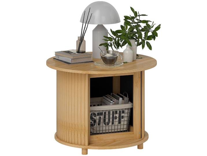 ComfortXL Couchtisch De-15768 mit Schiebetür Naturholz, Naturfarben, Naturmaterialen, 60x45x60 cm, Wohnzimmer, Wohnzimmertische, Couchtische