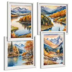 BILDER SET 4er Set - 50x50 cm & 40x60 cm Weißer Rahmen - Bergblick, Fluss, Herbst