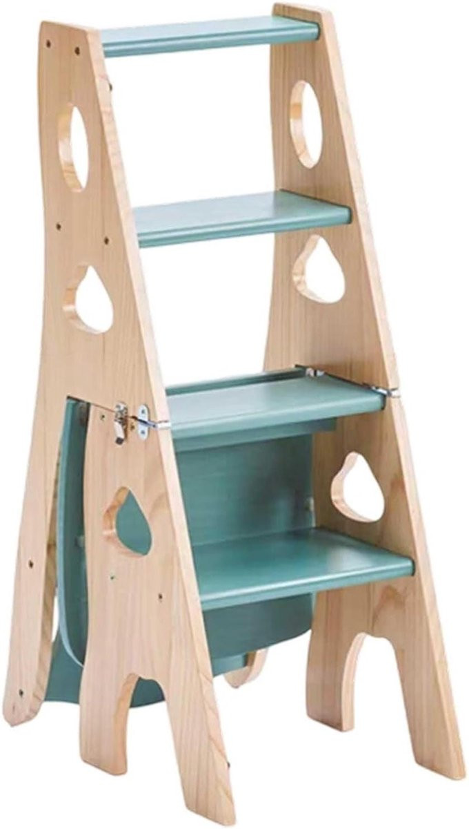 Multifunctionele opvouwbare ladderstoel met 4 treden - 3-in-1 stoeltrap kruk - Naturel
