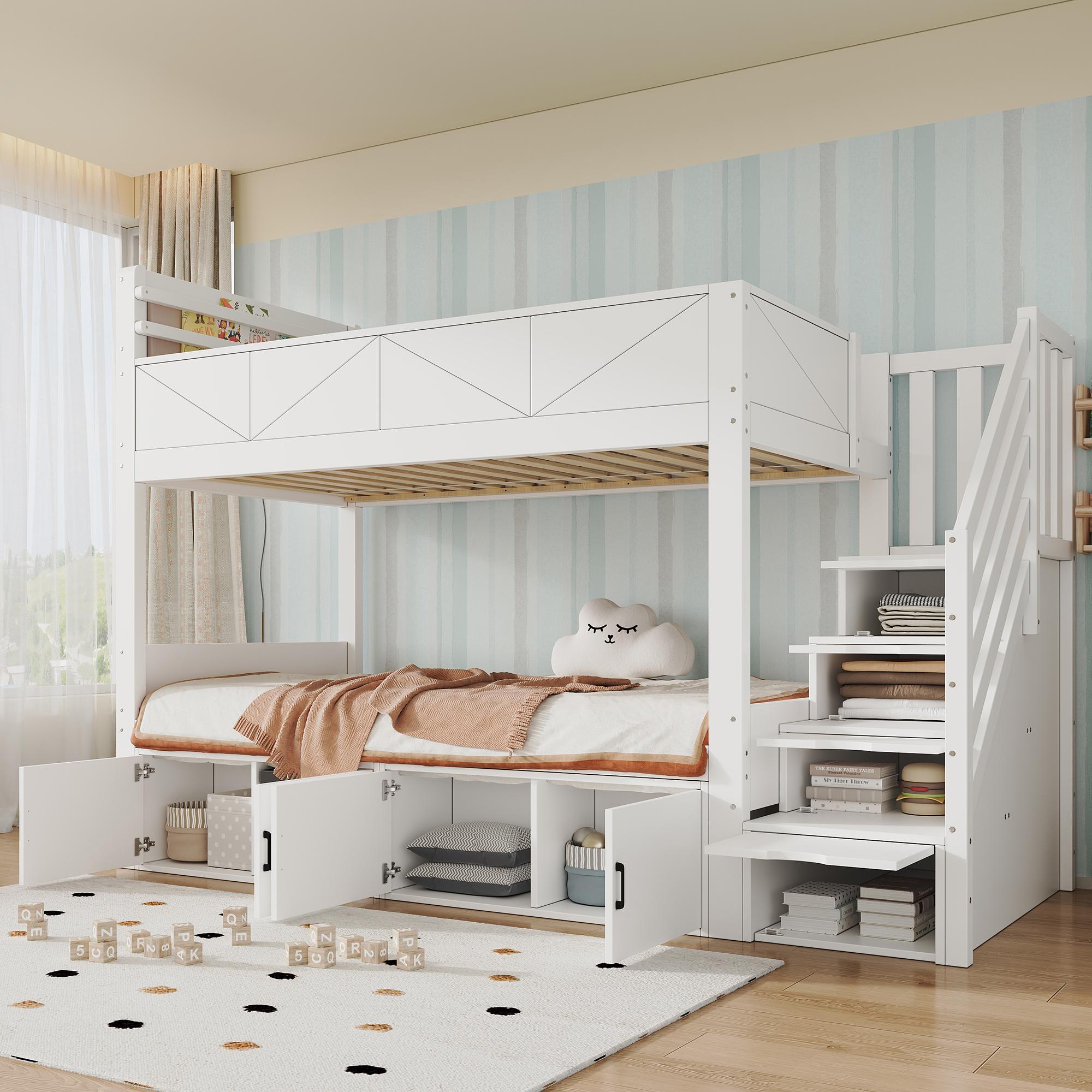 STILVORA Etagenbett 90x200cm mit Stauraumtreppe und Schrankfächern, Kinderbett mit erhöhter Absturzsicherung und Bücherablage, Hochbett mit Paneel-Design
