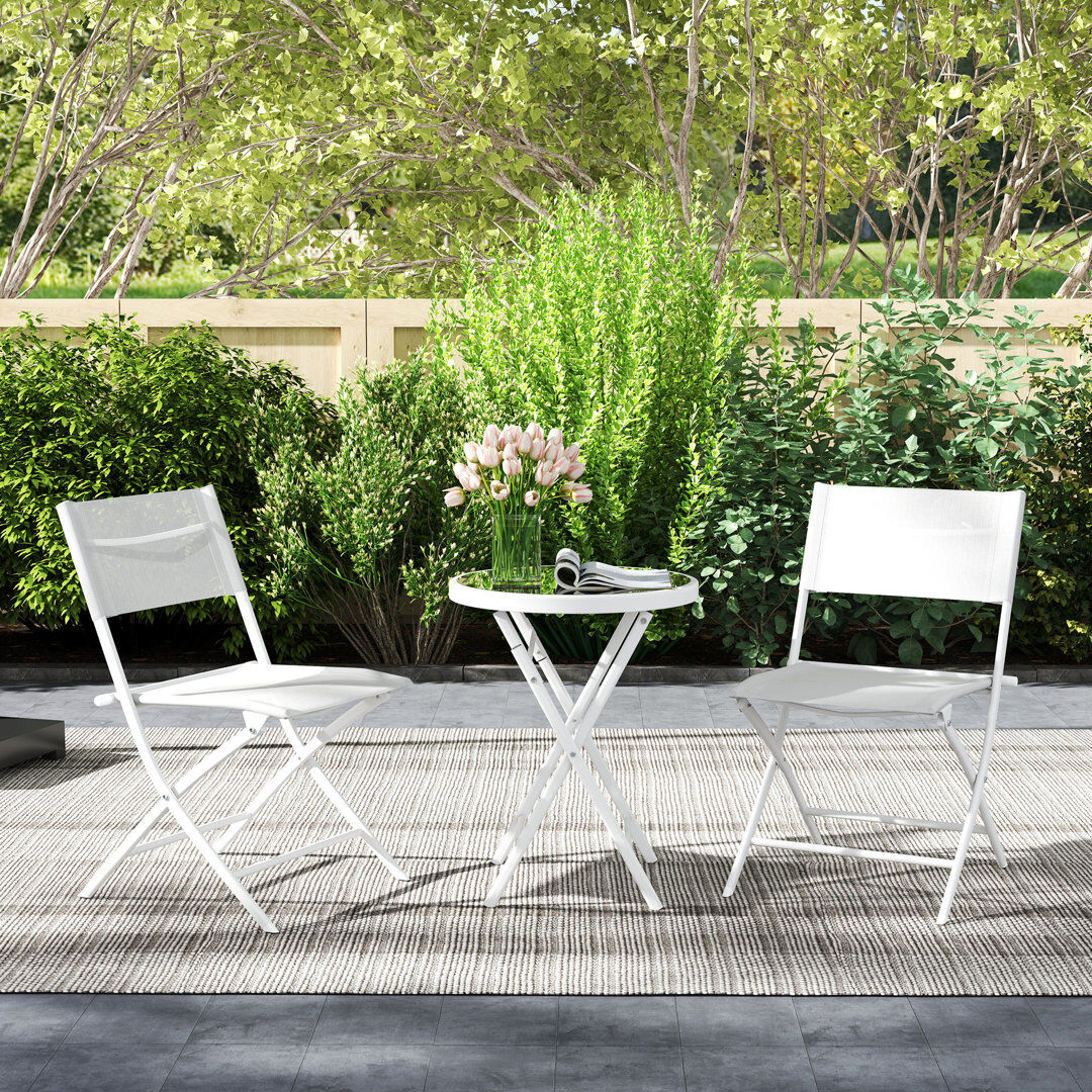 17 Stories Outsunny 3 Pieces Outdoor Bistro Set Glass Top Table 2 Folding Chairs White White 2