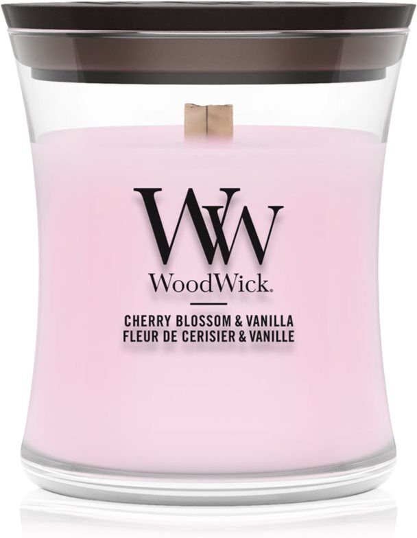 Woodwick Cherry Blossom & Vanilla scented candle with wooden wick 85 g