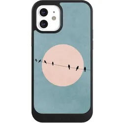 Nivocase Hülle für Apple iPhone 12 Handyhülle NIVOcore Case Schwarz Mond Vogel türkis (Apple iPhone 12), Smartphone Hülle, Schwarz, Türkis