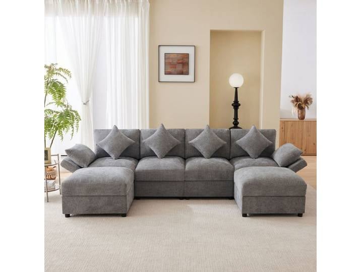 Canapé modulable - SOGEU - Canapé d'angle - Tissu chenille gris - Convertible réversible - Accoudoirs réglables