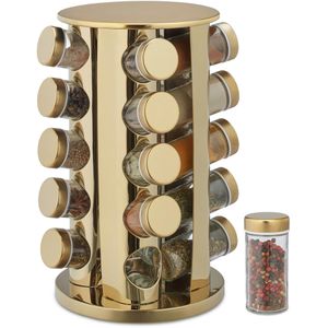 Relaxdays Gewürzkarussell 10043586, drehbar, aus Edelstahl, mit 20 Gewürzgläsern, gold