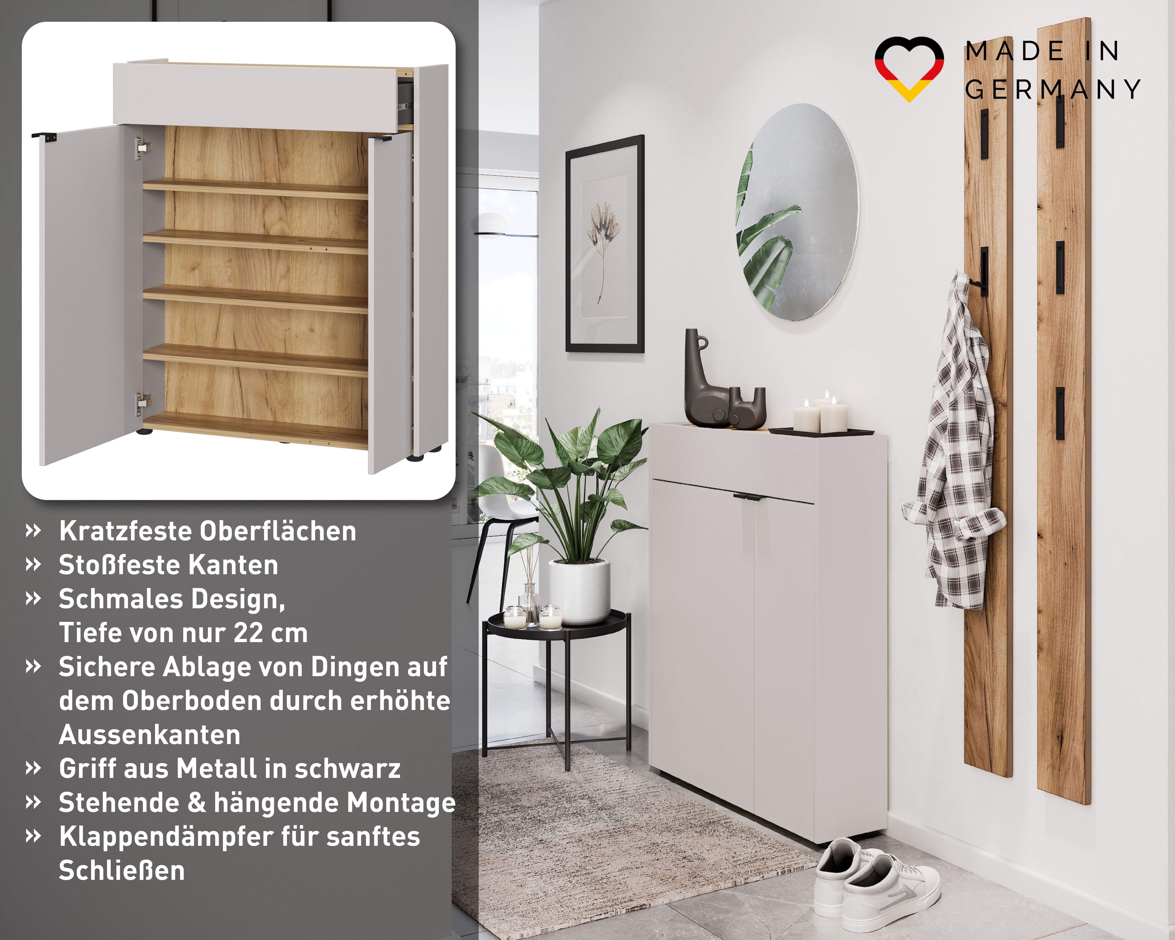 Schuhschrank GERMANIA "Ameca", beige (kaschmir, navarra, eiche, nachbildung), B:83cm H:99cm T:22cm, Holzwerkstoff, Schränke, Schuhschrank kaschmir, navarra, eiche, nachbildung Kachmir/Navarra-Eiche-Nb., B/H/T: 83cm x 99cm x 22cm, Schubladen: 1 Stk. Türen: