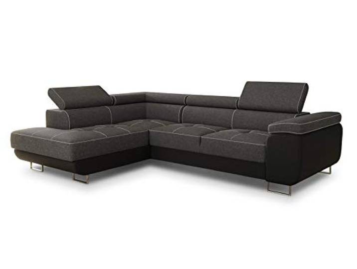 Ecksofa Caris mit Schlaffunktion und einstellbare Kopfstützen, Wohnlandschaft mit Bettkasten, Couch, Sofa, Bettsofa (Schwarz + Dunkelgrau (Soft 011 + Sawana 05), Ecksofa Links)