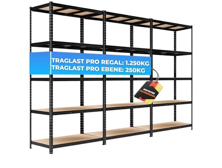 ALL Premium Schwerlastregal 3er-Set 200x100x50 cm Schwarz - 1250kg Traglast – Schwerlastregal Schwarz, vielseitiges Regal 100 cm breit, Regal 50 cm tief, ideal für Keller & Lager